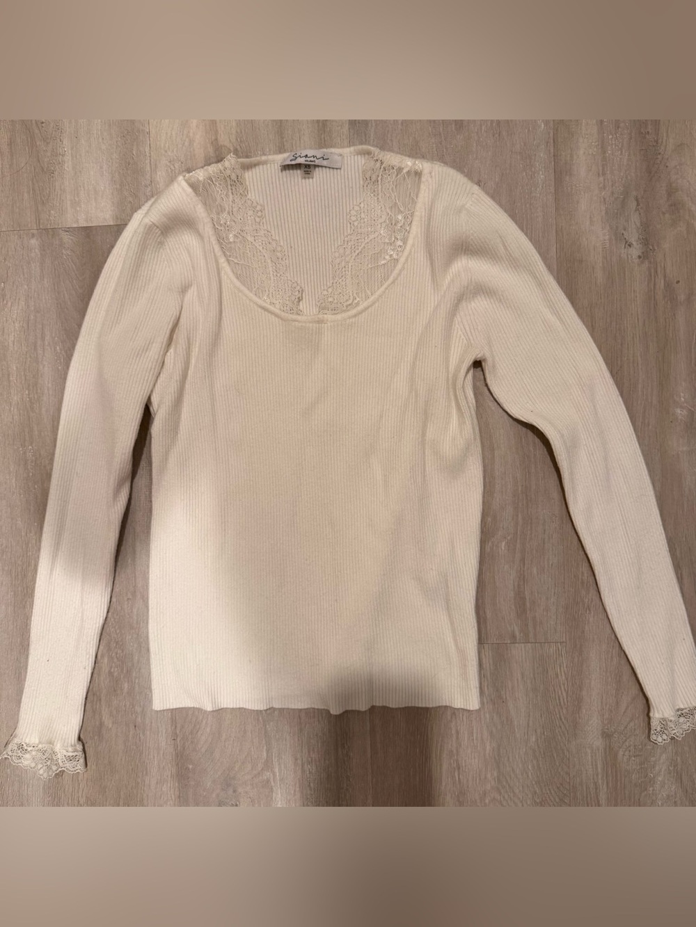 Sioni Cream Ribbed Long Sleeve Top with Lace Scoop Neck
